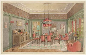 Historic Home Decor Inspiration Prints: Dining room with red chairs, c.1925. Creator: Monogrammist HK