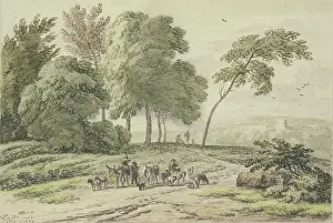 Rural Landscape Painting Prints: Two donkey drivers from behind by a group of trees, 1689. Creator: Unknown