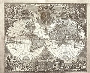 Antique World Map Prints: Double hemisphere map of the World, 1713