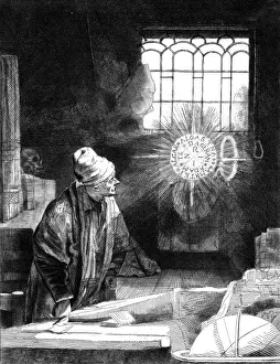 Prints of Dr Faustus in his Study. Engraving based on the original painting by Rembrandt, of the necromancer or astrologer who sells his soul to the devil in exchange for knowledge and power Images Dated 2007 February: Print of Dr Faustus in his Study, Engraving after Rembrandt