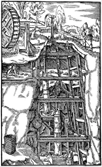 Draining a mine using a series of suction pumps powered by a water wheel, 1556 Draining a mine using a series of suction pumps powered by a water wheel, 1556