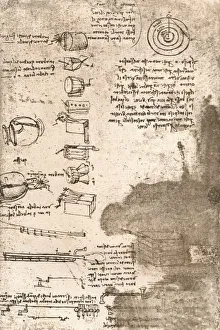Print of a drawing featuring various musical instruments and other objects