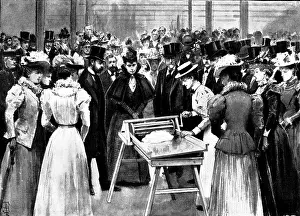 Prints of The Duke and Duchess of York at the Agricultural Show, Portsmouth: inspecting the dairy exhibits - butter-making, 1898. From Sketches by our Special Artist, Mr. Melton Prior Portsmouth Prints: Print of the Duke and Duchess of York at an Agricultural Show