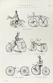 Road Transport History Prints: Six early forms of bicycle, c1870