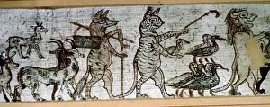 Detail from the Egyptian satirical papyrus of a fox playing the pipes and leading goats, and a cat Detail from the Egyptian satirical papyrus of a fox playing the pipes and leading goats, and a cat