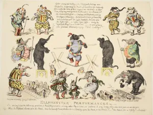 Satirical Cartoon Prints: Elephantine Performances, pub. C. 1854 (hand coloured etching)