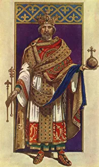 Prints of The Emperor Charlemagne in Full State Dress (A.D. 800), 1924. From Costume and Fashion - The Evolution of European Dress Through the Earlier Ages, by Herbert Norris. [J. M. Dent and Sons Ltd, E. P Muridae Prints: The Emperor Charlemagne in Full State Dress Print, 1924