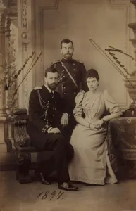 Emperor Nicholas II with Grand Duke Alexander Mikhailovich of Russia and his wife Emperor Nicholas II with Grand Duke Alexander Mikhailovich of Russia and his wife