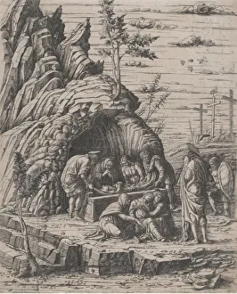The Entombment of Christ who is being lowered by two men into a stone tomb before..., ca The Entombment of Christ who is being lowered by two men into a stone tomb before..., ca
