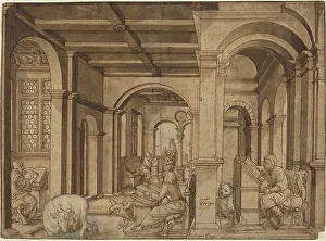 Pen And Ink Drawing Techniques Prints: Four Evangelists in a Scriptorium, 1539. Creator: Master I.K