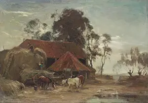 Agricultural Landscape Art Prints: Evening - Building the Stack, c1870-1920. Creator: James Lawton Wingate