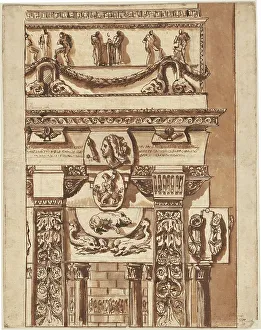 Antique Italian Art Prints: Fantasy of a Façade with Bizarre Ornaments