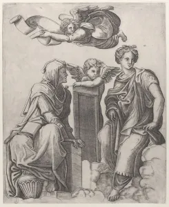 Two female figures seated in the clouds flanking an angel and another flying above Two female figures seated in the clouds flanking an angel and another flying above
