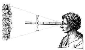 Robert Fludd Engraving Prints: Finding the angular distance between two edges of a wood using a cross-staff, 1617-1619