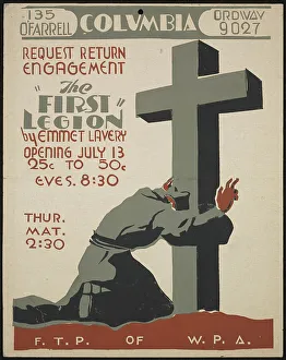 Print of a robed figure kneeling at the base of a cross