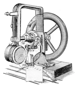 Sewing Machine History Prints: First lockstitch sewing machine, invented by Elias Howe, c19th century