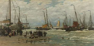 Maritime Transport History Prints: Fishing Pinks in Breaking Waves, c.1875-c.1885. Creator: Hendrik Willem Mesdag