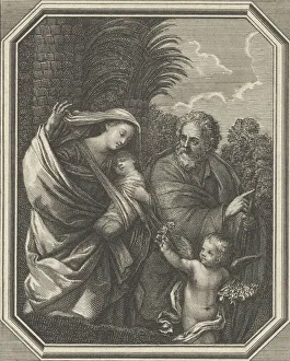 The Flight into Egypt; the holy family walking with the young John the Baptist, tre The Flight into Egypt; the holy family walking with the young John the Baptist, tre