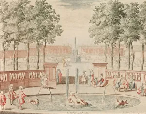 De Fontein van Hercules, met die van de Groote Sprong, voor t Amphitheater De Fontein van Hercules, met die van de Groote Sprong, voor t Amphitheater