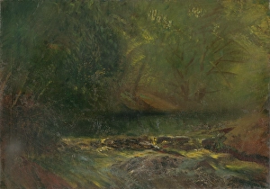Print of a forest interior with a small brook running through it