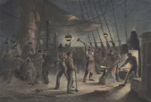 Atlantic Ocean Cable Laying Prints: The Forge on Deck, Night of August 9th: Preparing the Iron Plating for Capstan, 1865-66