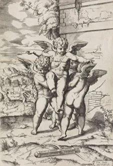 16th-17th Century Print: Four Cupids and Apollo and Daphne