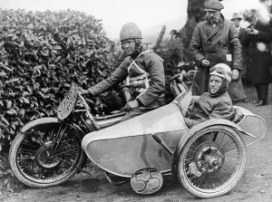 Motorcycle Racing Heritage Prints: Freddie Dixon and passenger Walter Denny, Isle of Man sidecar TT race, 1923
