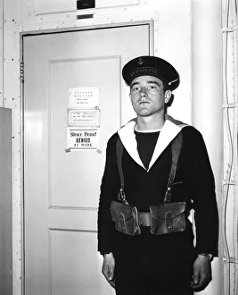 A French sentry outside the operations room of the aircraft carrier La Fayette, 1951 A French sentry outside the operations room of the aircraft carrier La Fayette, 1951