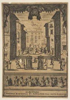 Prints of Frontispiece for the comedy The Buffoons (Li Buffoni), a set on stage resembling a public space, various figures dancing around two people in cages in center stage, fifteen spectators below, ca. 1639 Stefano Della Bella Prints: Frontispiece Print of The Buffoons, 1639
