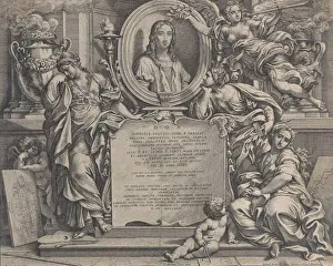 Frontispiece with oval portrait of Raphael, with three allegorical figures of the Arts Frontispiece with oval portrait of Raphael, with three allegorical figures of the Arts