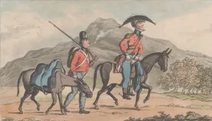 Hand Coloured Aquatint Prints: Frontispiece: Starting to join his regiment, from