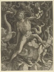 Fury personified as an old man riding a monster, holding a skull in his left hand, c Fury personified as an old man riding a monster, holding a skull in his left hand, c