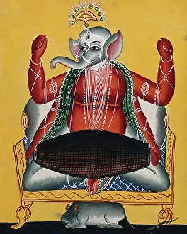 Indian Heritage Art Prints: Ganesh playing the dhola (double drum), c1890. Creator: Unknown