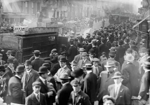 American Labor History Prints: Garbage strike, crowd around carts, 1911. Creator: Bain News Service