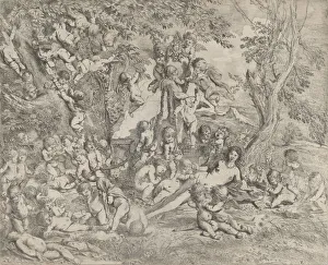 The Garden of Venus who reclines in the centre before a herm of Pan and surrounded The Garden of Venus who reclines in the centre before a herm of Pan and surrounded