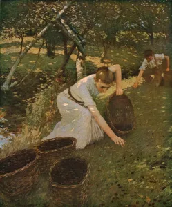 Prints of Gathering Plums, 1901, (c1930). A young woman and boy fill baskets with fallen fruit in an orchard with a stream running through it. Painting in the Manchester Art Gallery, Manchester Modern Art Piece Prints: Heritage Images Print of Gathering Plums, 1901