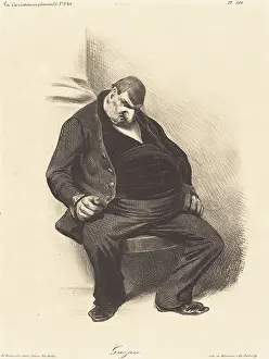 Prints of Gazan, 1835. Caricature of an obese, seated male figure representing an old industrialist, leaning against a column, and his chin falling onto chest Industrialist Prints: Gazan, 1835 Print: Caricature of an obese seated industrialist