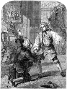 George II receiving news of his fathers death from Walpole, 1727. Artist: Beech George II receiving news of his fathers death from Walpole, 1727. Artist: Beech
