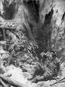 Trench Life During WW1 Prints: A German Shell Explodes in a British Trench, 1914, (1926). Artist: Arthur C Michael