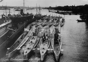 World War One Naval History Prints: German Submarines in harbor, between c1914 and c1915. Creator: Bain News Service