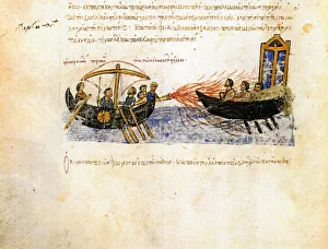 Greek fire. Miniature from the Madrid Skylitzes, 11th-12th century. Artist: Anonymous Greek fire. Miniature from the Madrid Skylitzes, 11th-12th century. Artist: Anonymous