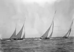 A group of 12 Metres sailing yachts racing on windward leg in good wind, 1933. Creator A group of 12 Metres sailing yachts racing on windward leg in good wind, 1933. Creator