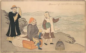 Group of Three Chinese Men on a Cliff by the Sea, 1789. Creator: Kitao Masayoshi Group of Three Chinese Men on a Cliff by the Sea, 1789. Creator: Kitao Masayoshi