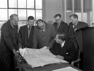 Sheffield Steel Industry Prints: A group of foundry staff with technical drawings, Sheffield, South Yorkshire, 1963