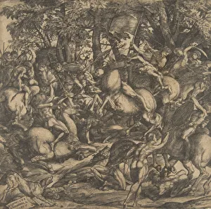 Group of naked men engaged in battle in a wooded landscape Group of naked men engaged in battle in a wooded landscape