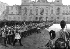 Guards trooping the colours in St Jamess Park on Her Majestys birthday, 1875 Guards trooping the colours in St Jamess Park on Her Majestys birthday, 1875