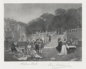 Haddon Hall Prints: Haddon Hall with elegantly dressed figures in the foreground