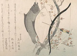 Halibuts and a Bow with Arrow Hanging on a Plum Tree, 19th century., 19th century Halibuts and a Bow with Arrow Hanging on a Plum Tree, 19th century., 19th century