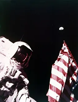 Harrison Schmitt with US flag on the surface of the Moon, Apollo 17 mission, December 1972 Harrison Schmitt with US flag on the surface of the Moon, Apollo 17 mission, December 1972