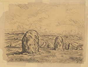 Nineteenth Century Pencil Drawings Prints: Haystacks, 1891. Creator: Unknown